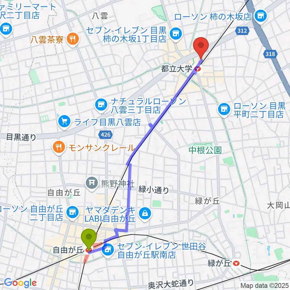 自由が丘駅から都立大学イーハトーブへのルートマップ地図