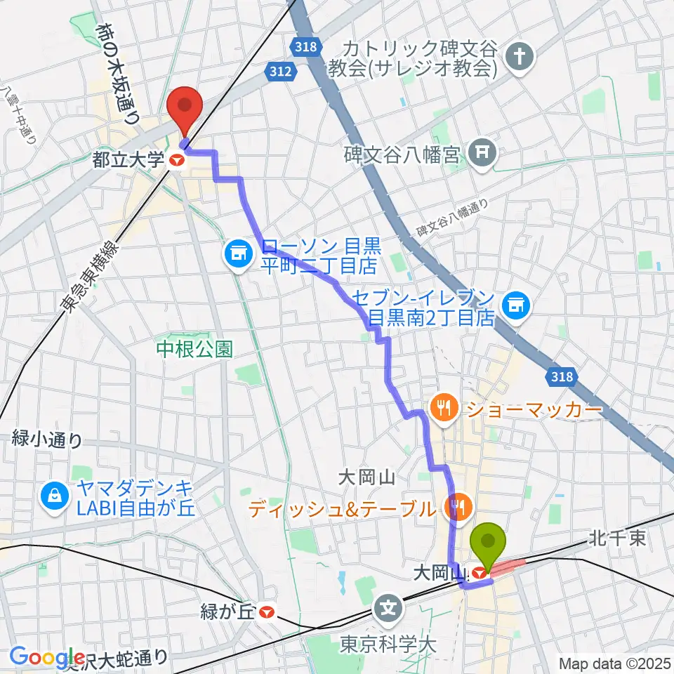 大岡山駅から都立大学イーハトーブへのルートマップ地図