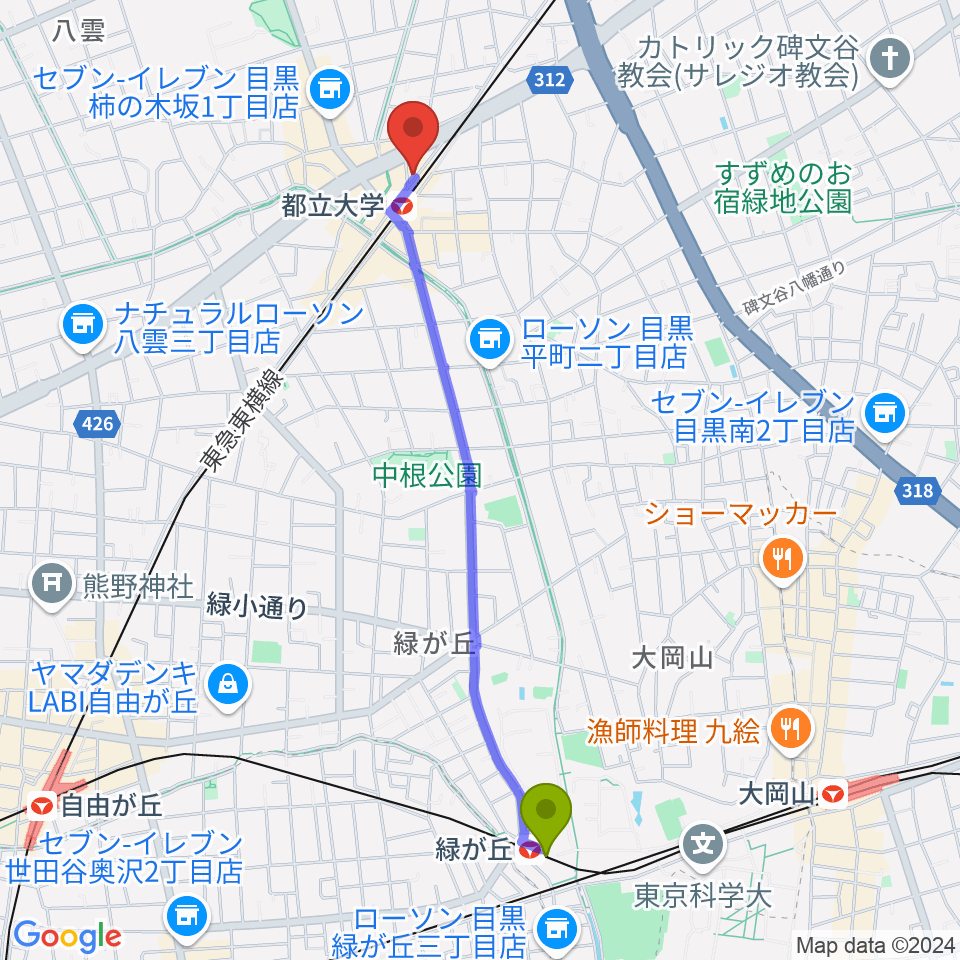 緑が丘駅から都立大学イーハトーブへのルートマップ地図