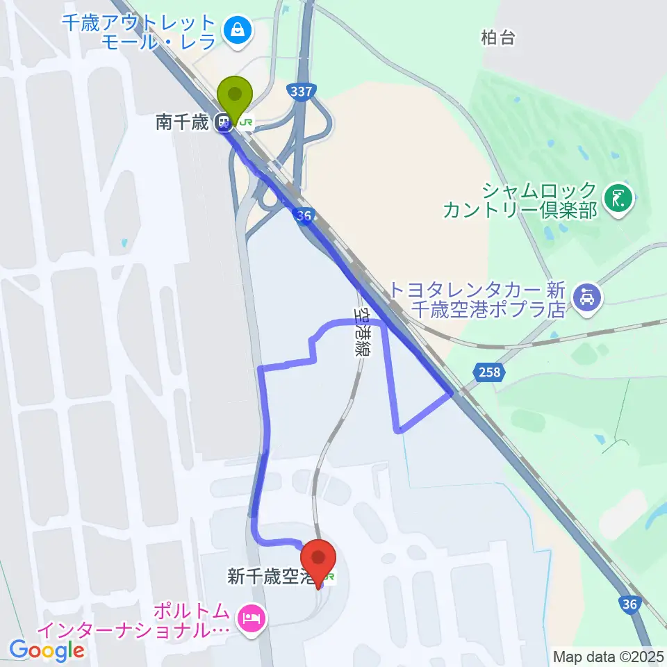 南千歳駅から新千歳空港シアターへのルートマップ地図