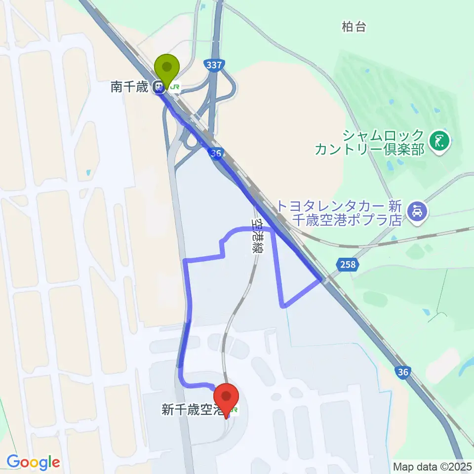 南千歳駅から新千歳空港シアターへのルートマップ地図