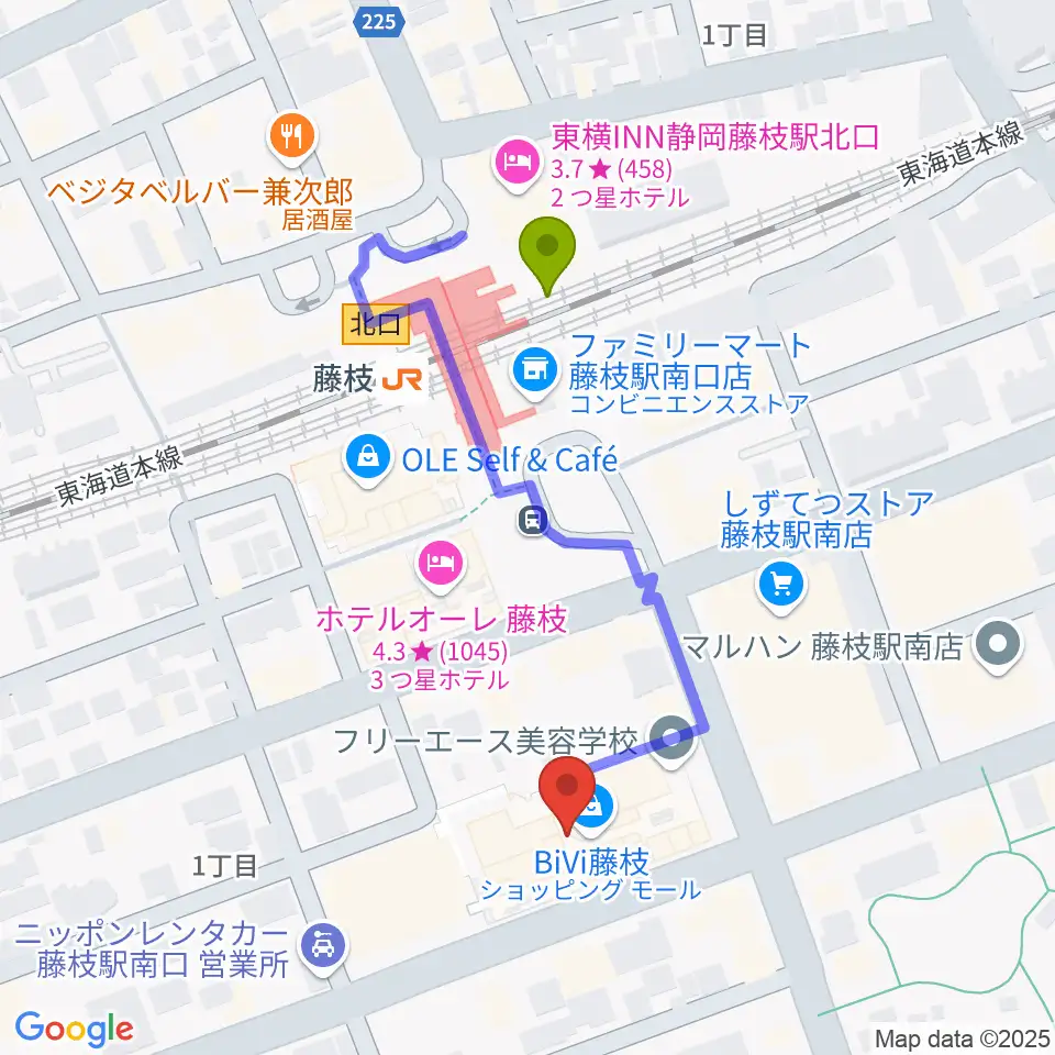 藤枝シネ・プレーゴの最寄駅藤枝駅からの徒歩ルート（約4分）地図