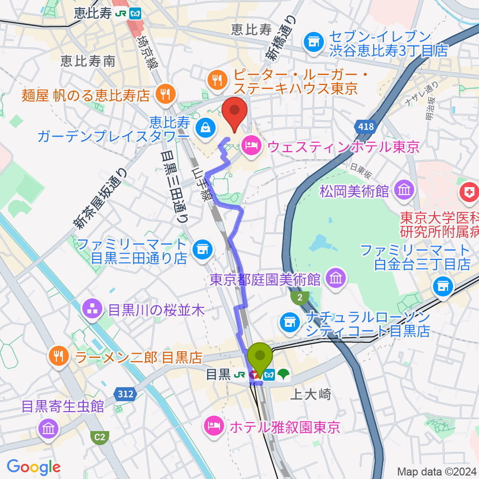 目黒駅から恵比寿ガーデンシネマへのルートマップ地図