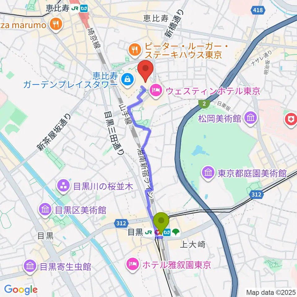 目黒駅から恵比寿ガーデンシネマへのルートマップ地図