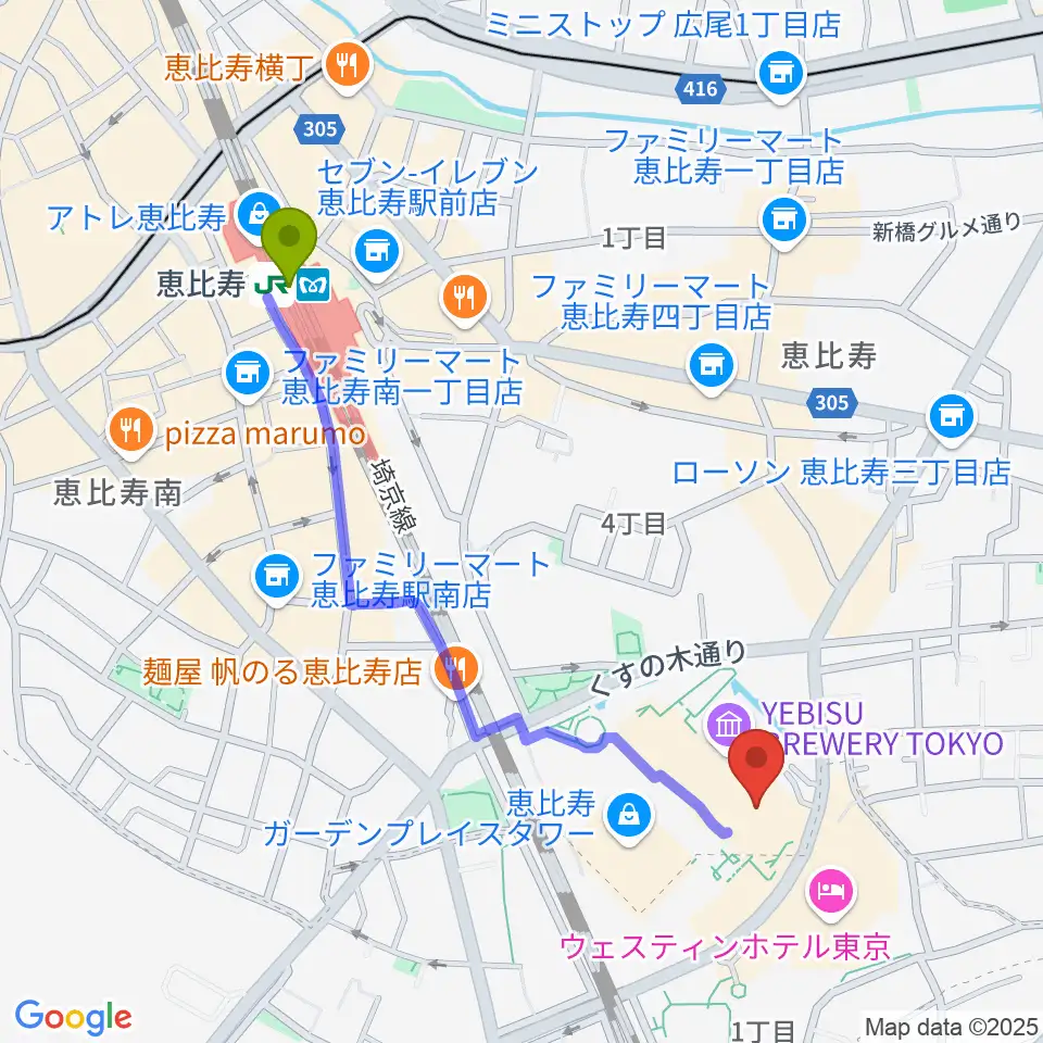 恵比寿ガーデンシネマの最寄駅恵比寿駅からの徒歩ルート（約10分）地図