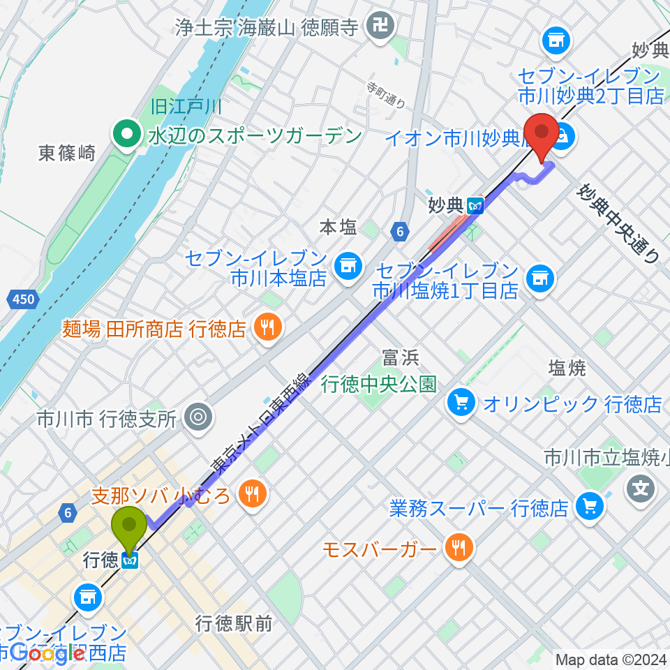 行徳駅からイオンシネマ市川妙典へのルートマップ地図