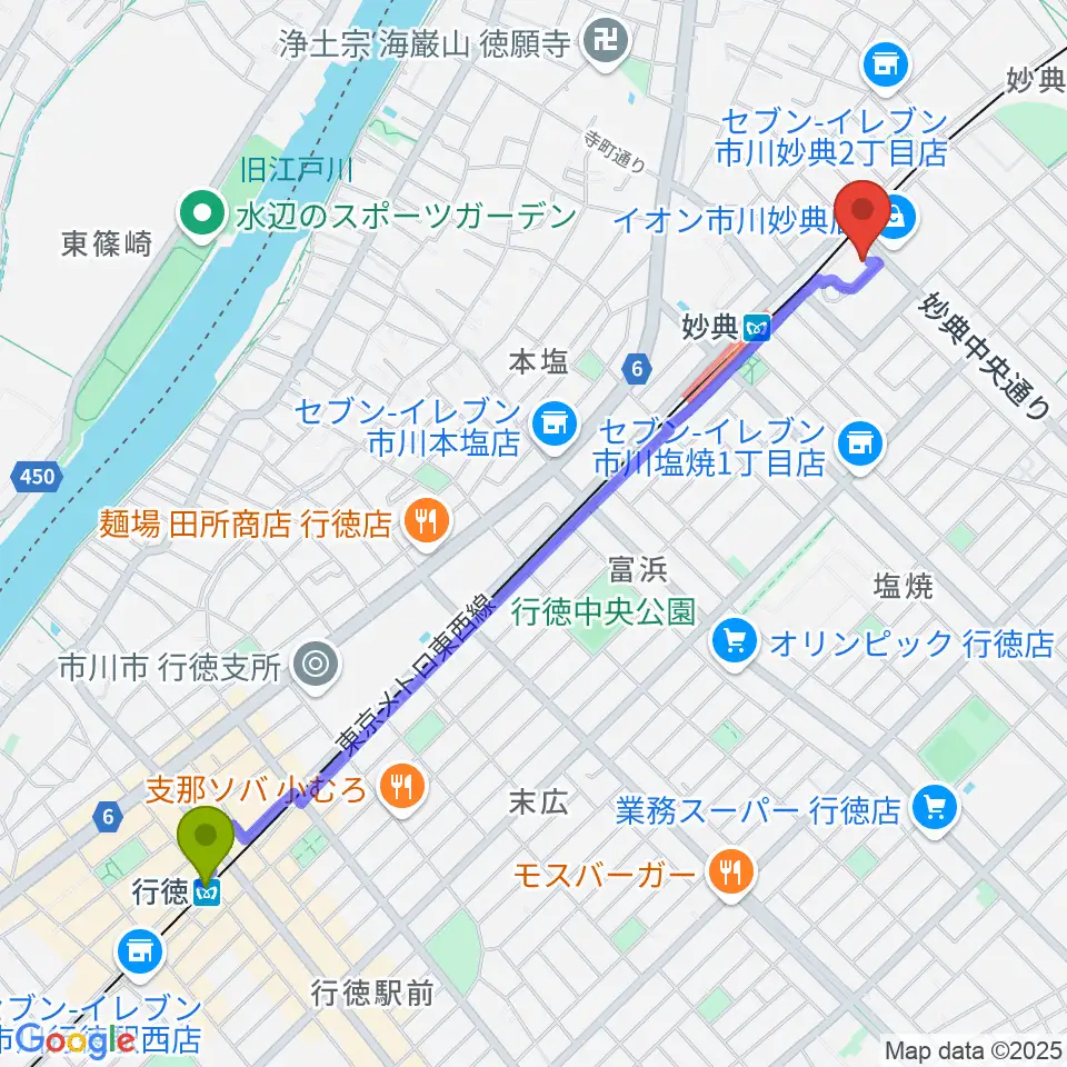 行徳駅からイオンシネマ市川妙典へのルートマップ地図