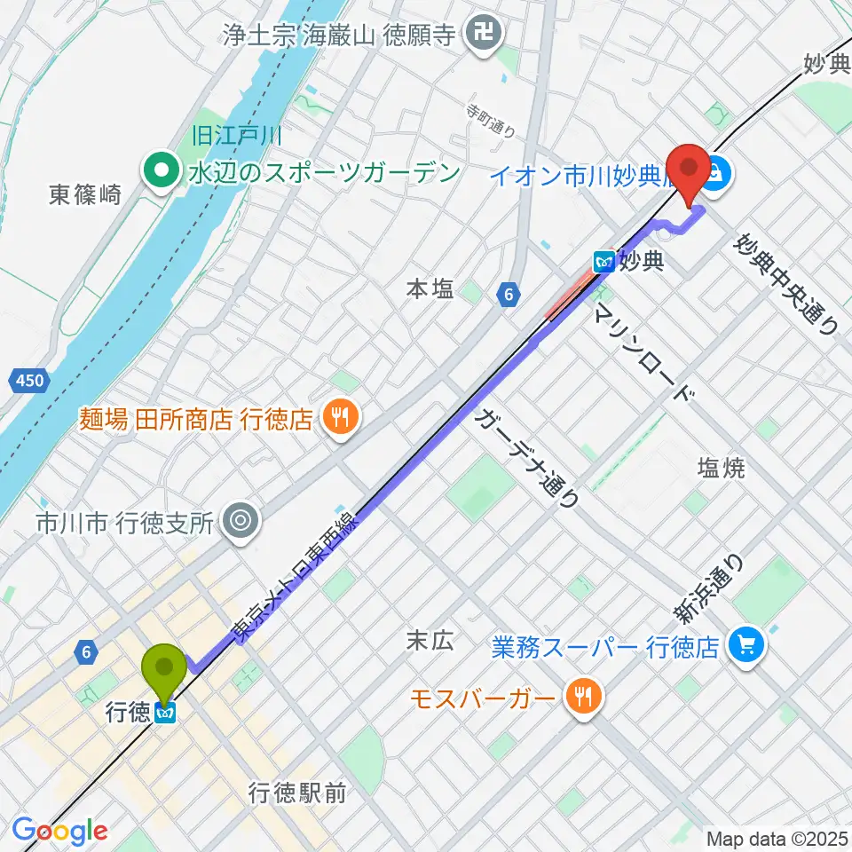 行徳駅からイオンシネマ市川妙典へのルートマップ地図