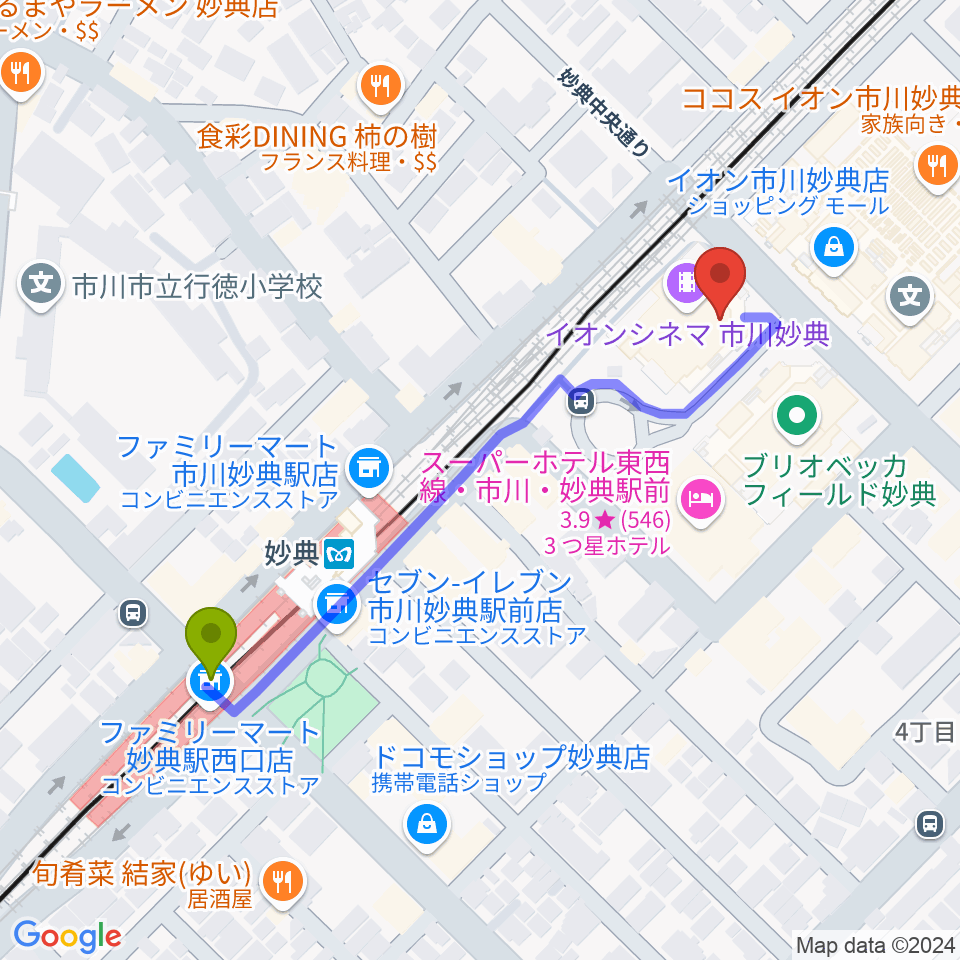 イオンシネマ市川妙典の最寄駅妙典駅からの徒歩ルート（約5分）地図