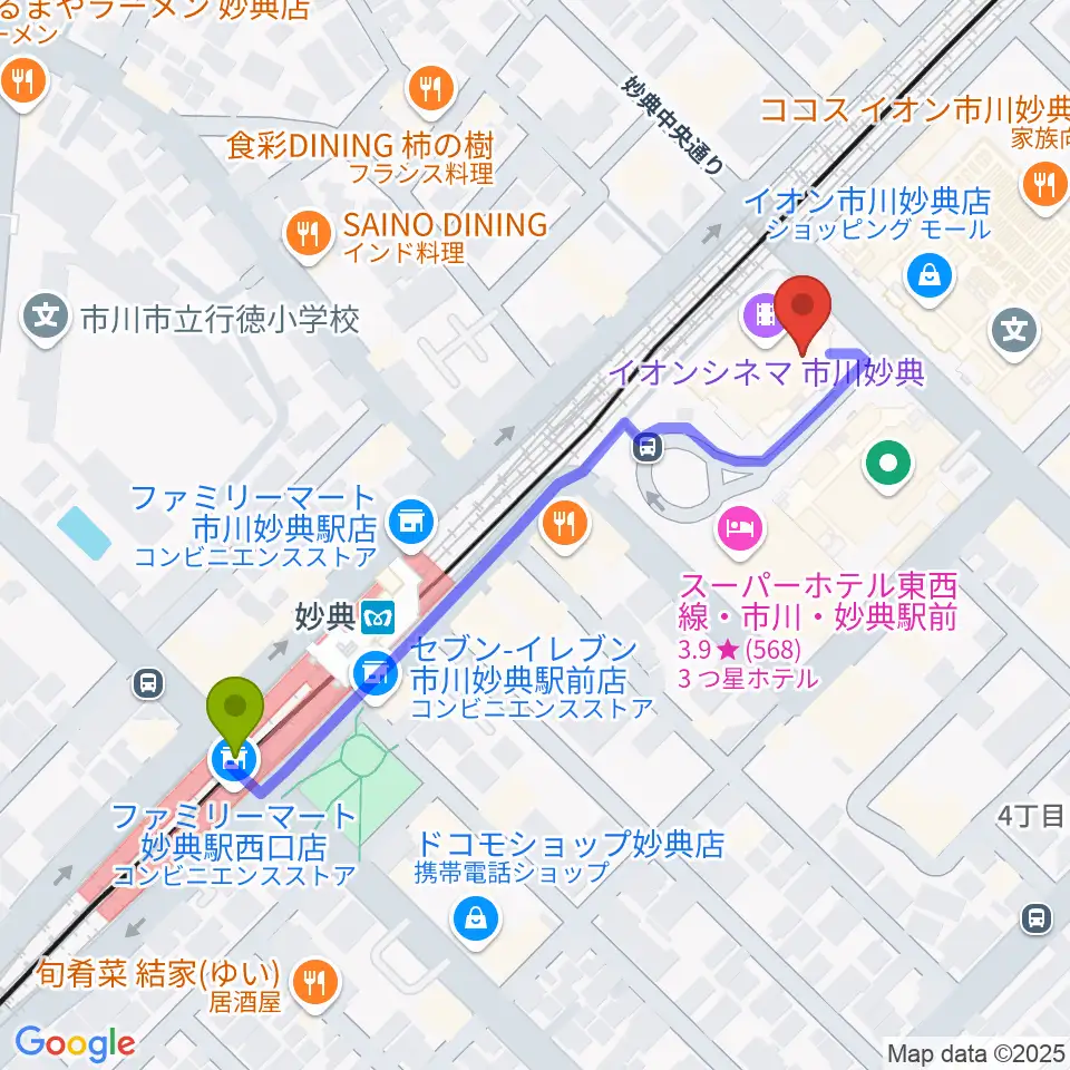 イオンシネマ市川妙典の最寄駅妙典駅からの徒歩ルート（約5分）地図