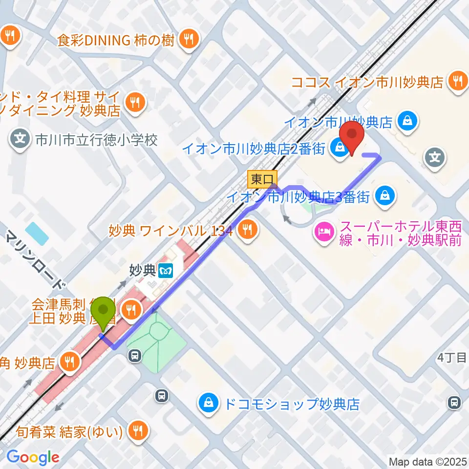 イオンシネマ市川妙典の最寄駅妙典駅からの徒歩ルート（約5分）地図