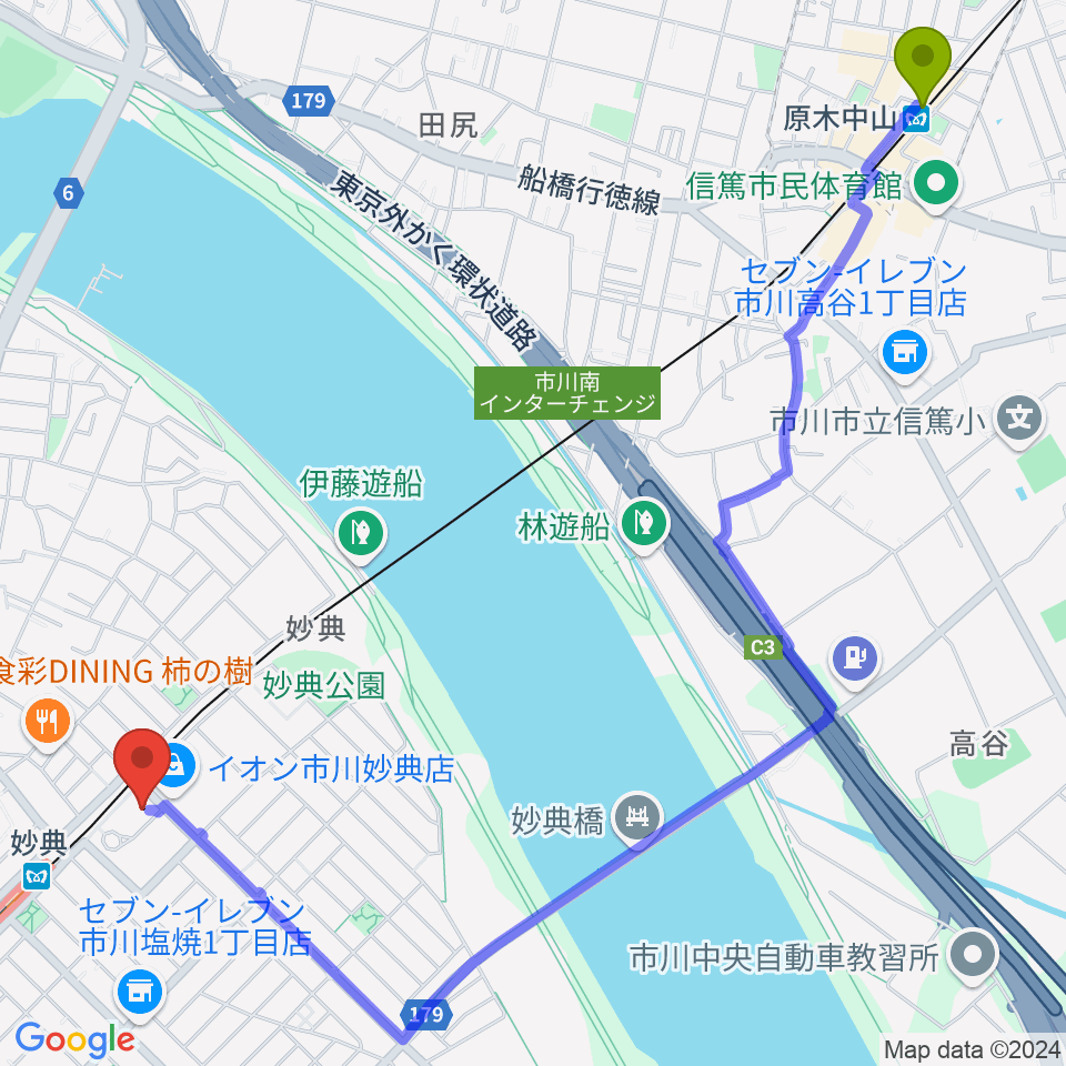 原木中山駅からイオンシネマ市川妙典へのルートマップ地図