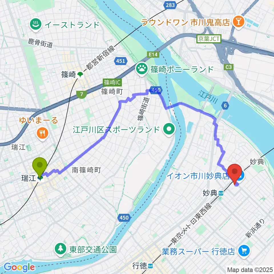 瑞江駅からイオンシネマ市川妙典へのルートマップ地図