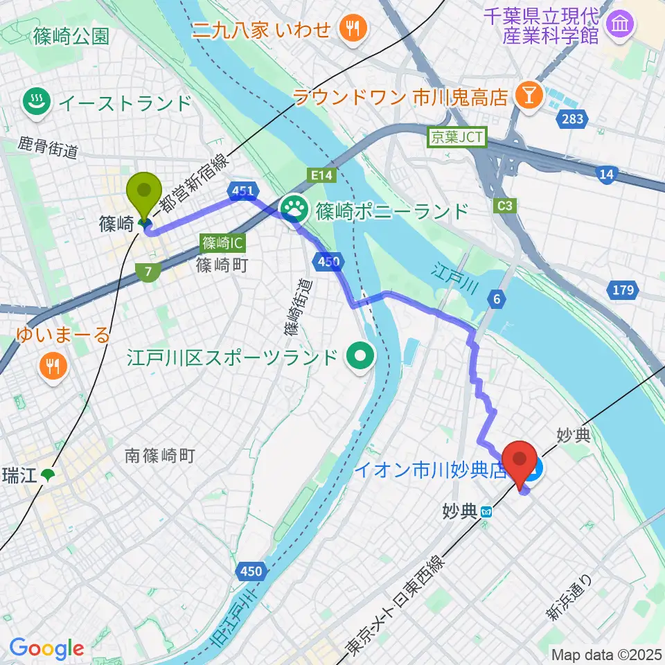 篠崎駅からイオンシネマ市川妙典へのルートマップ地図