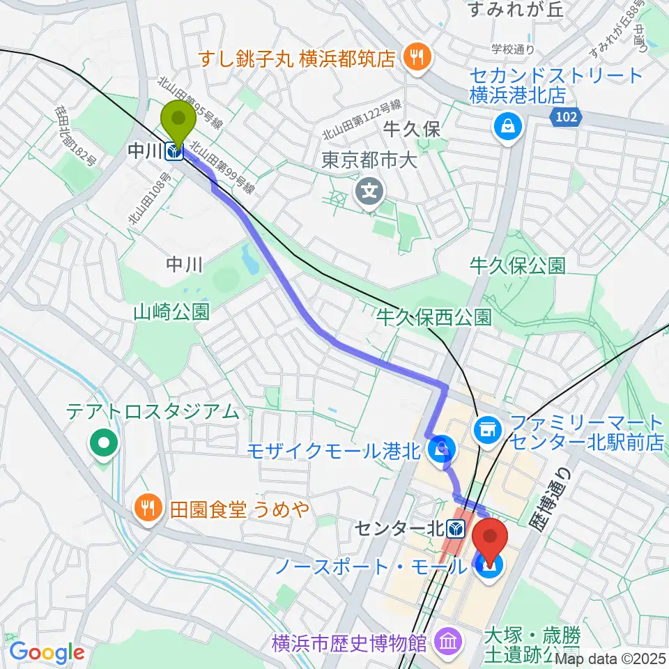 中川駅からイオンシネマ港北ニュータウンへのルートマップ地図