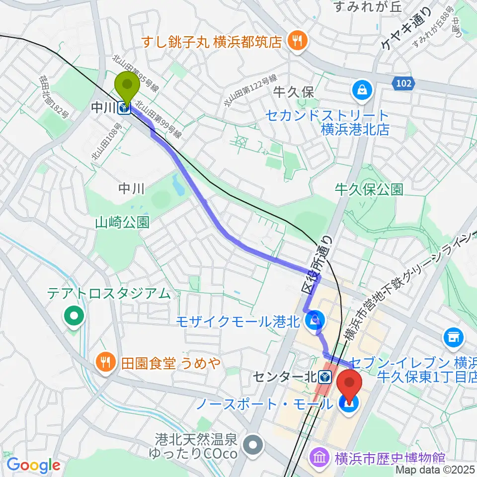 中川駅からイオンシネマ港北ニュータウンへのルートマップ地図