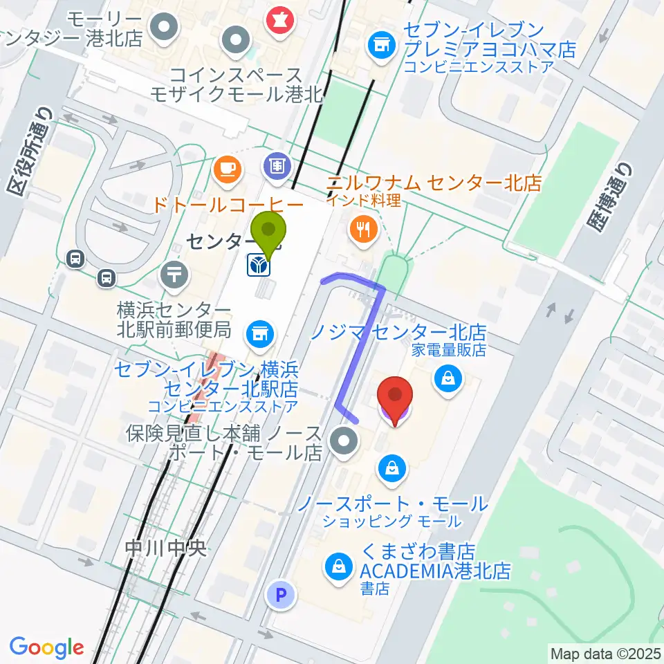 イオンシネマ港北ニュータウンの最寄駅センター北駅からの徒歩ルート（約2分）地図