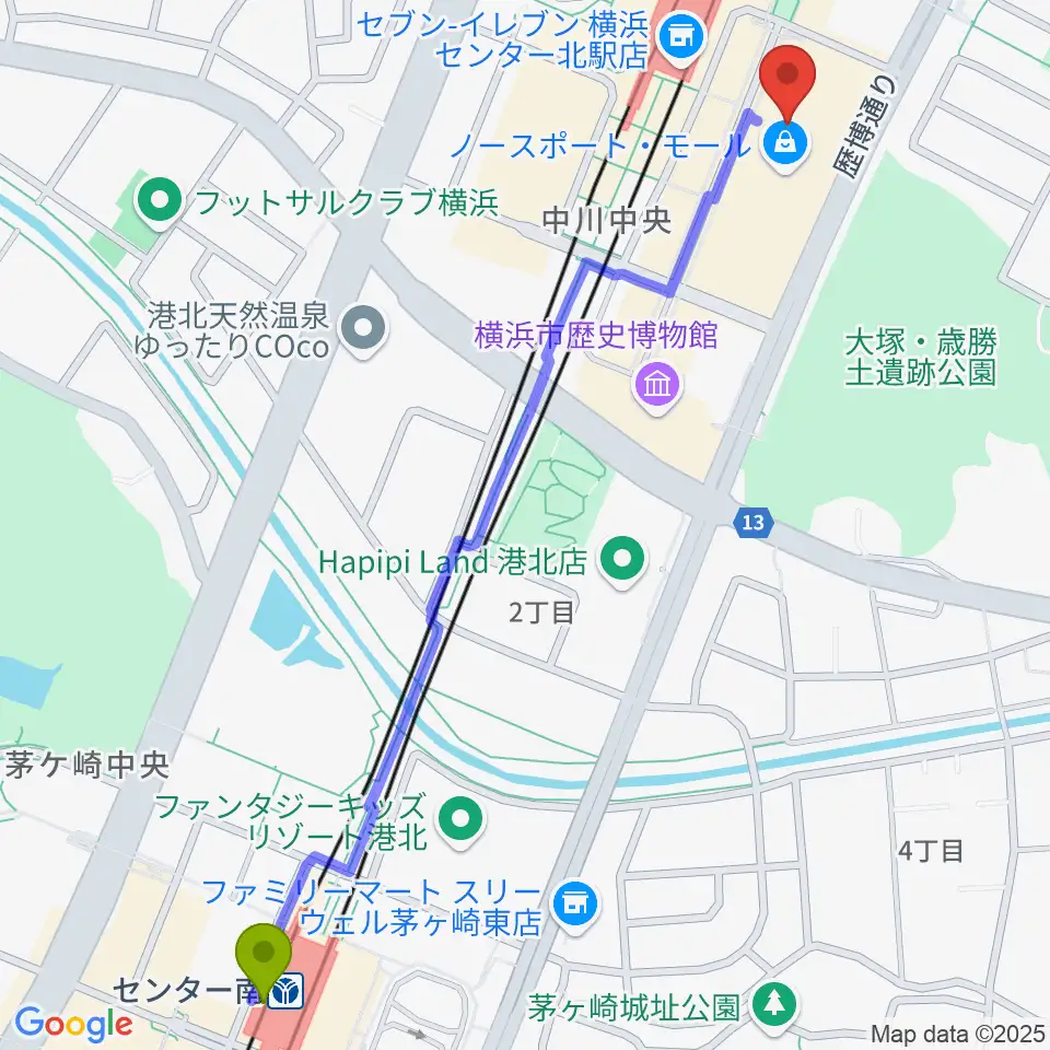 センター南駅からイオンシネマ港北ニュータウンへのルートマップ地図