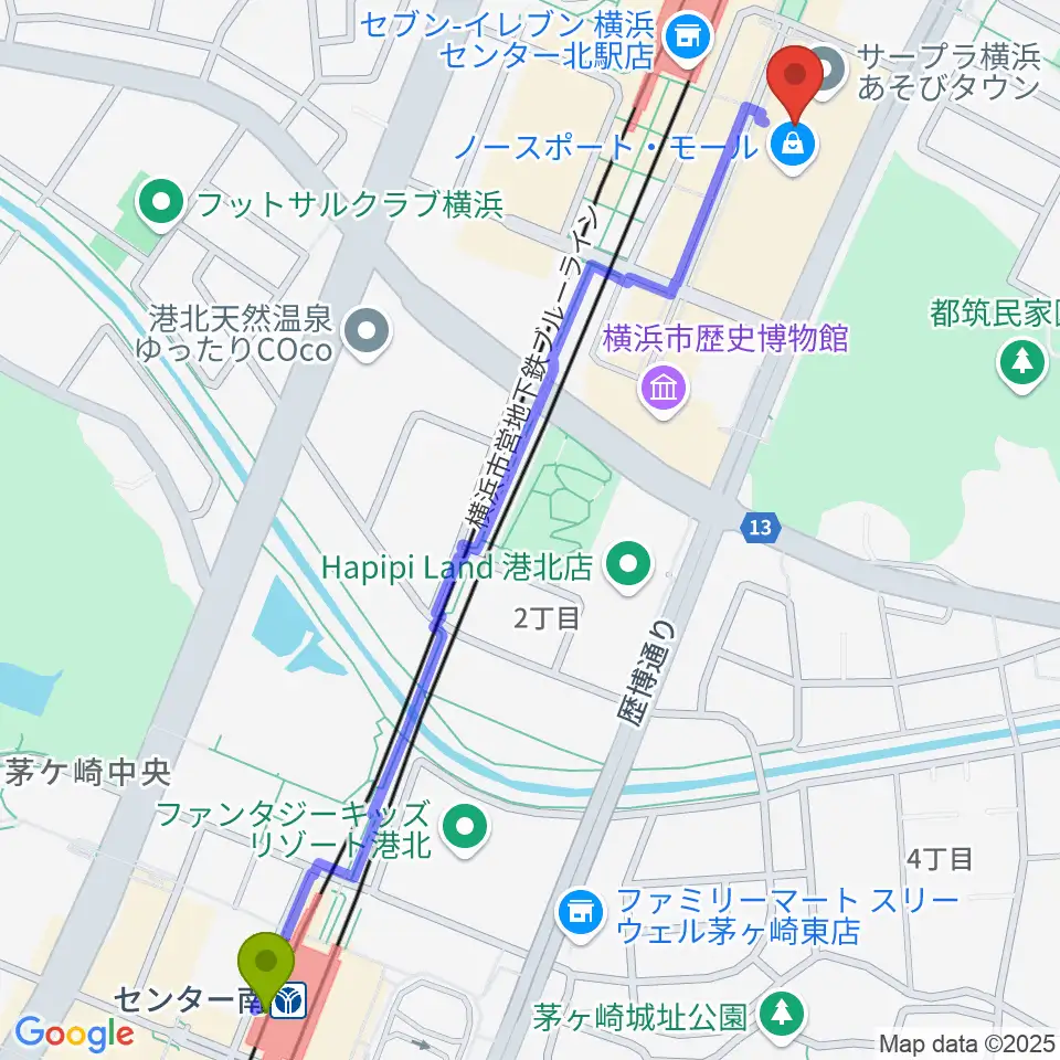 センター南駅からイオンシネマ港北ニュータウンへのルートマップ地図