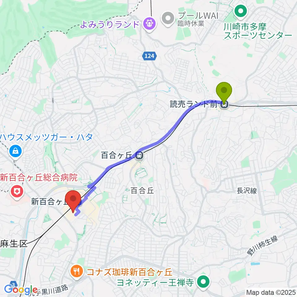 読売ランド前駅からイオンシネマ新百合ヶ丘へのルートマップ地図