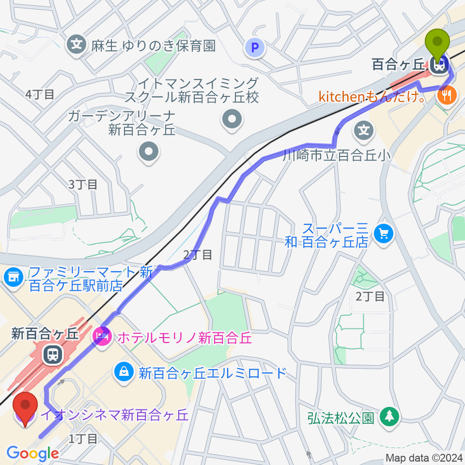 百合ヶ丘駅からイオンシネマ新百合ヶ丘へのルートマップ地図