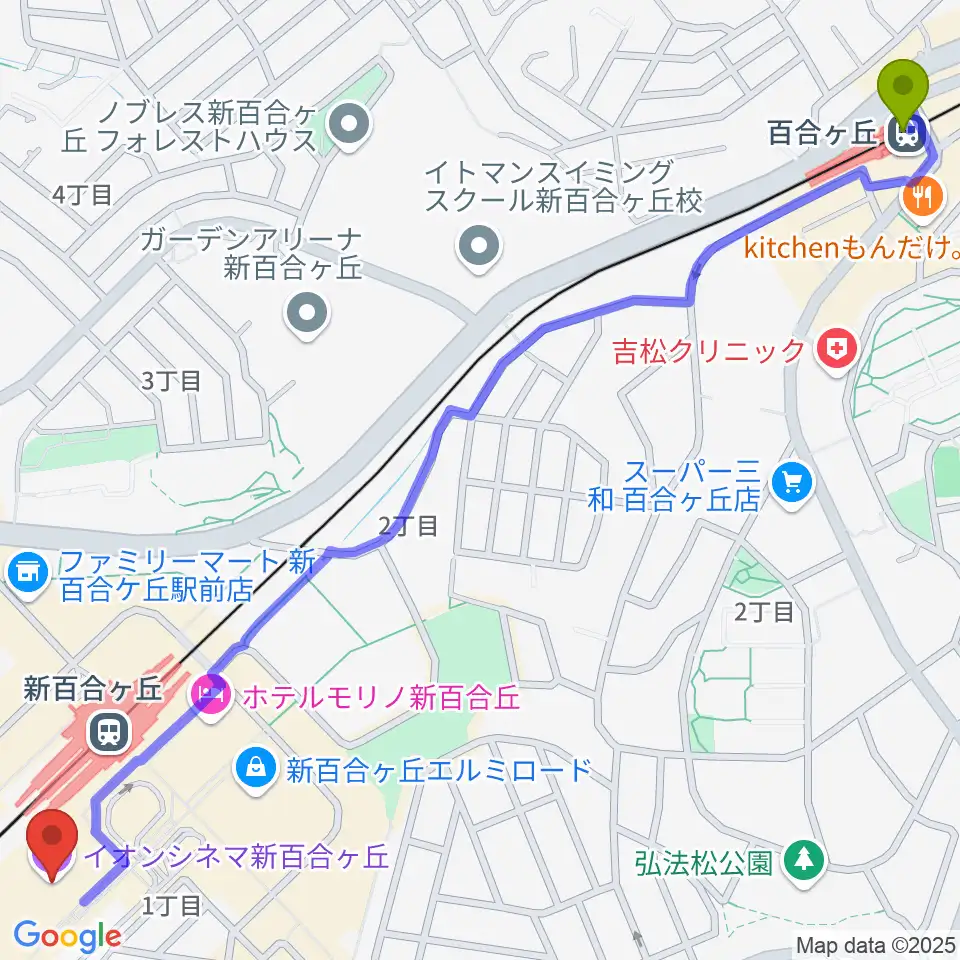 百合ヶ丘駅からイオンシネマ新百合ヶ丘へのルートマップ地図