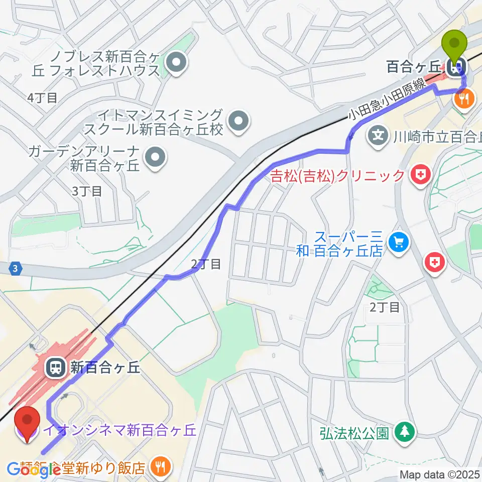 百合ヶ丘駅からイオンシネマ新百合ヶ丘へのルートマップ地図