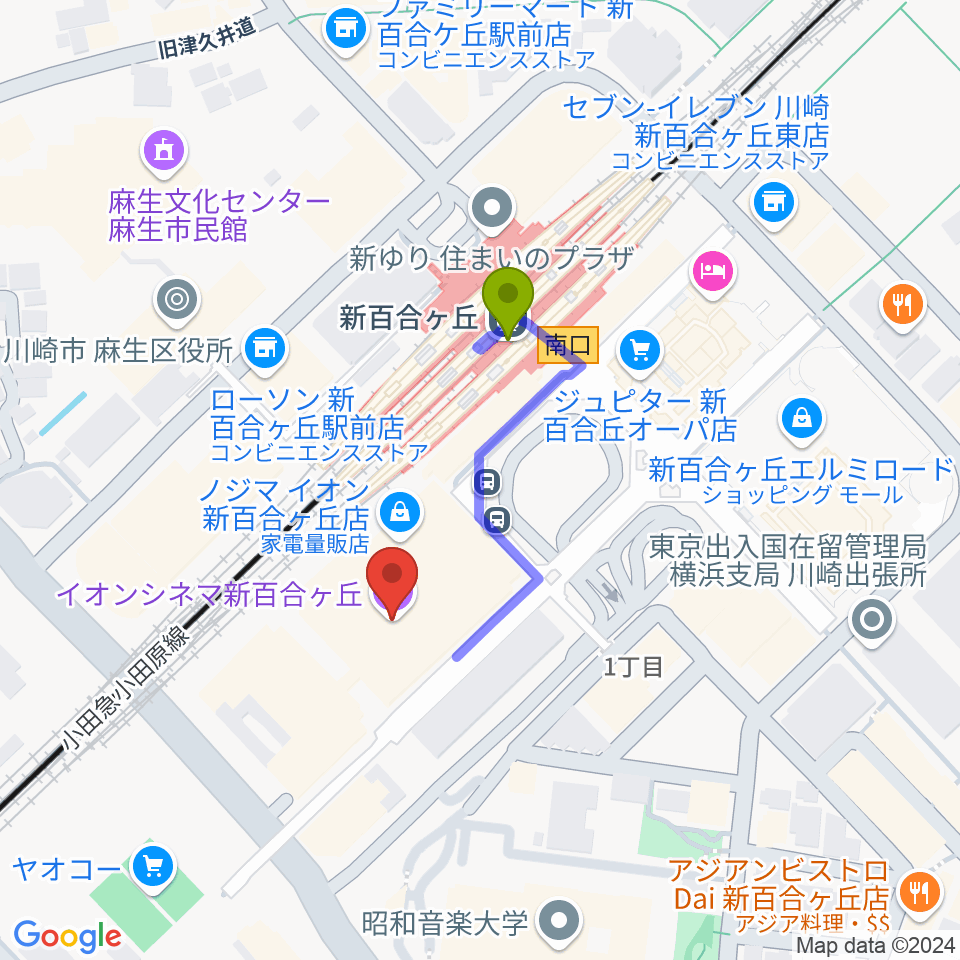 イオンシネマ新百合ヶ丘の最寄駅新百合ヶ丘駅からの徒歩ルート（約2分）地図