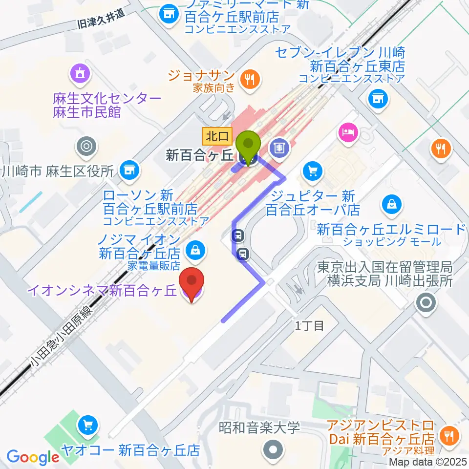 イオンシネマ新百合ヶ丘の最寄駅新百合ヶ丘駅からの徒歩ルート（約2分）地図