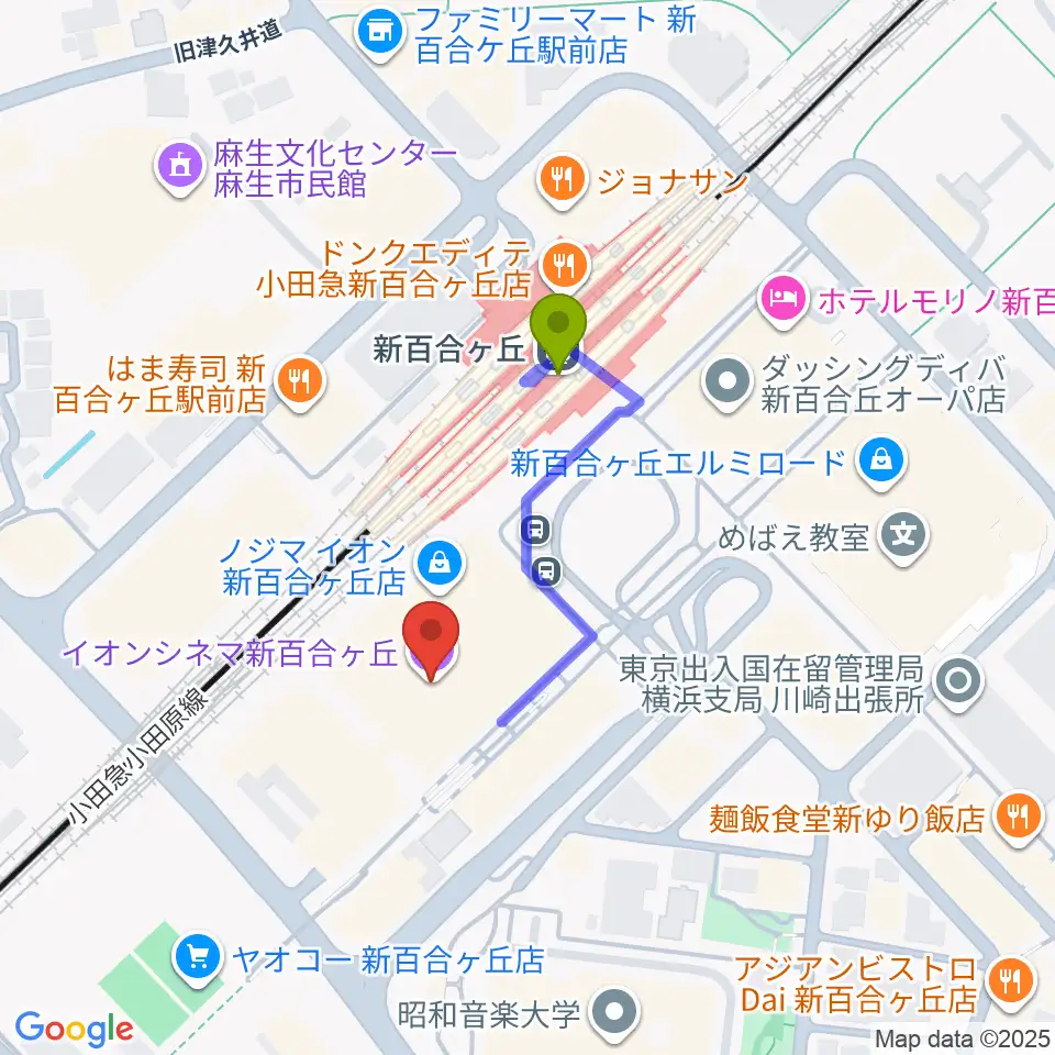 イオンシネマ新百合ヶ丘の最寄駅新百合ヶ丘駅からの徒歩ルート（約2分）地図