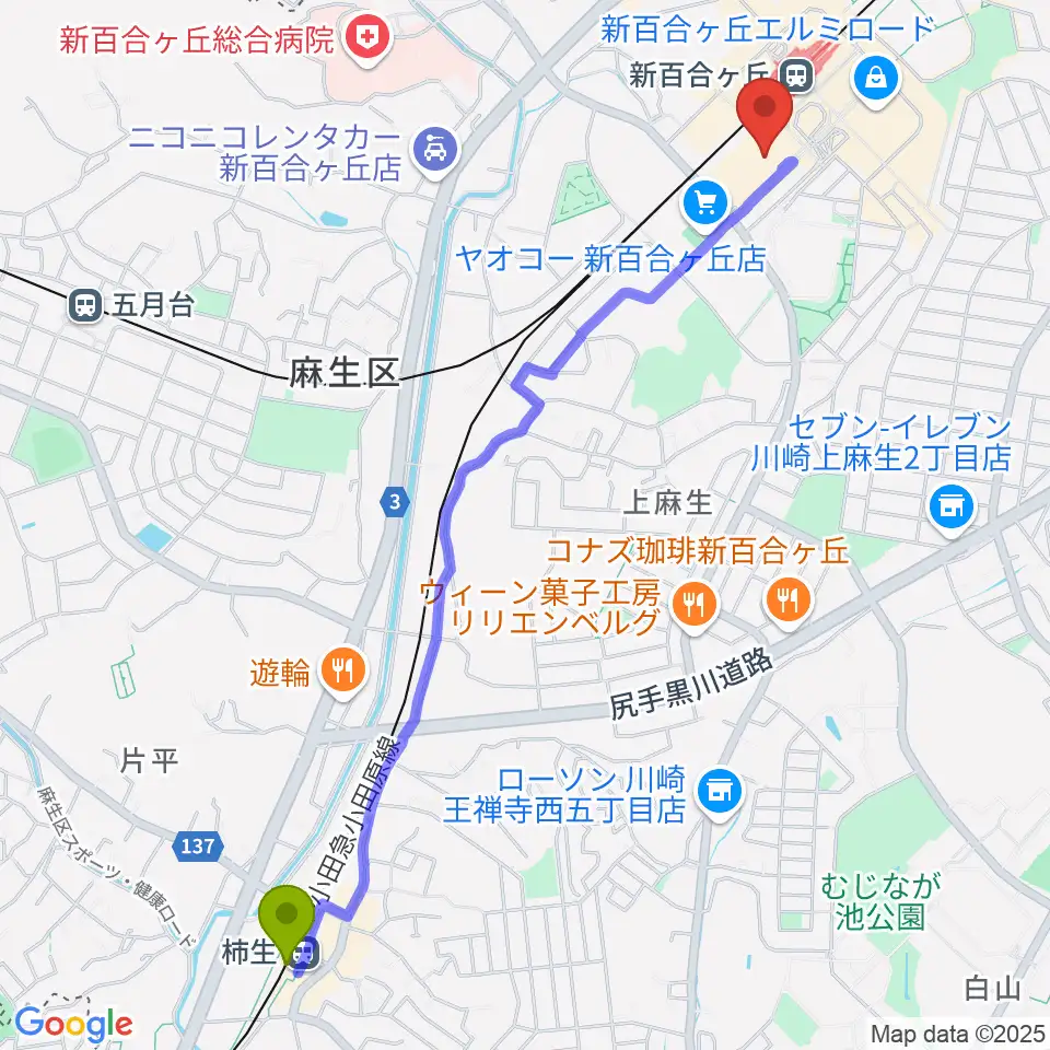 柿生駅からイオンシネマ新百合ヶ丘へのルートマップ地図