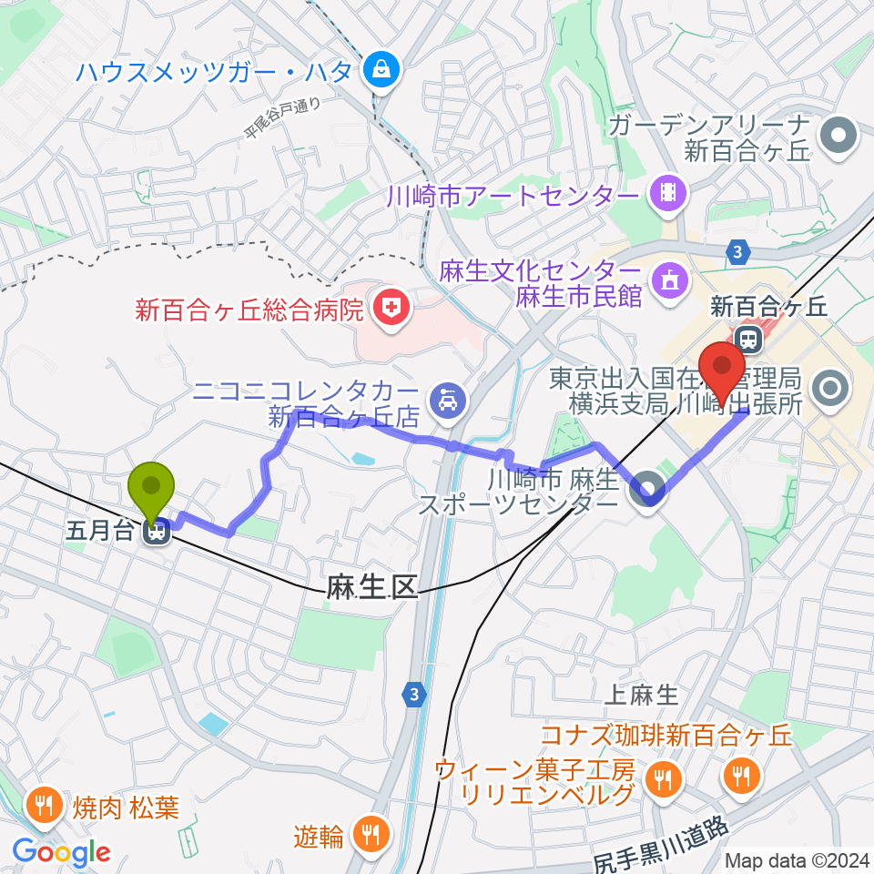 五月台駅からイオンシネマ新百合ヶ丘へのルートマップ地図