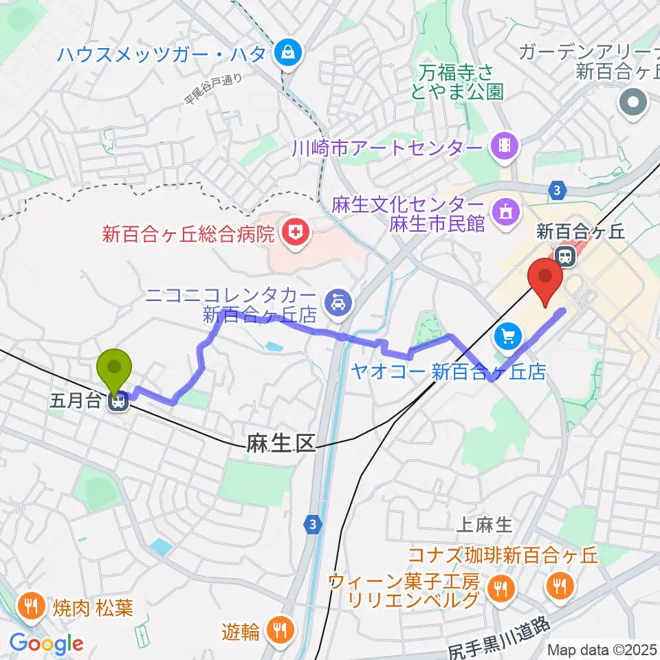 五月台駅からイオンシネマ新百合ヶ丘へのルートマップ地図