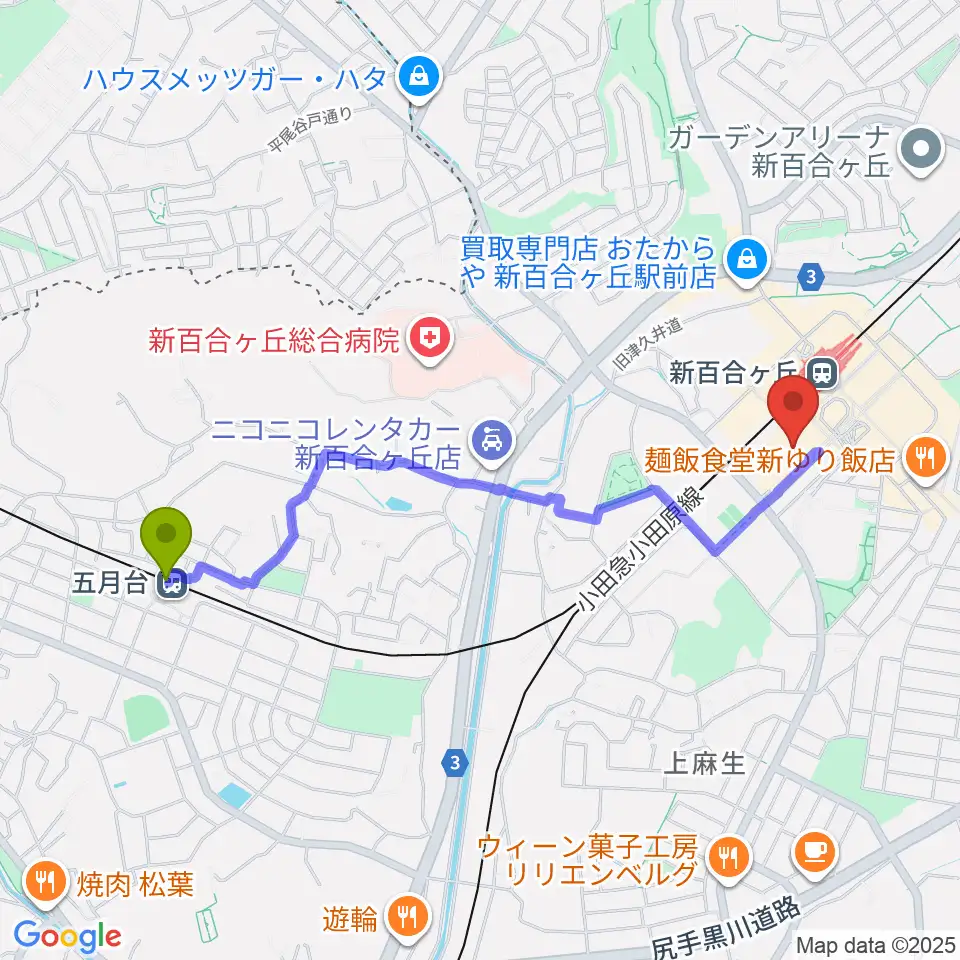 五月台駅からイオンシネマ新百合ヶ丘へのルートマップ地図