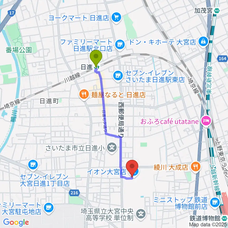 日進駅からイオンシネマ大宮へのルートマップ地図