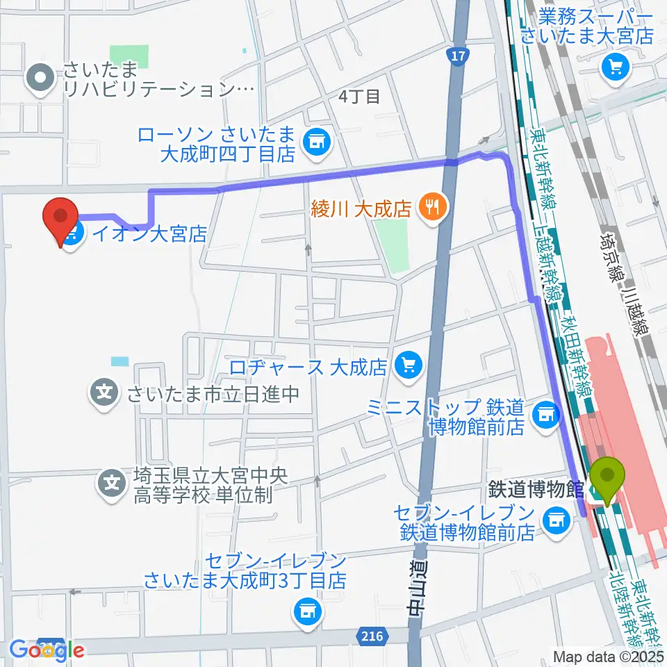 イオンシネマ大宮の最寄駅鉄道博物館駅からの徒歩ルート（約14分）地図