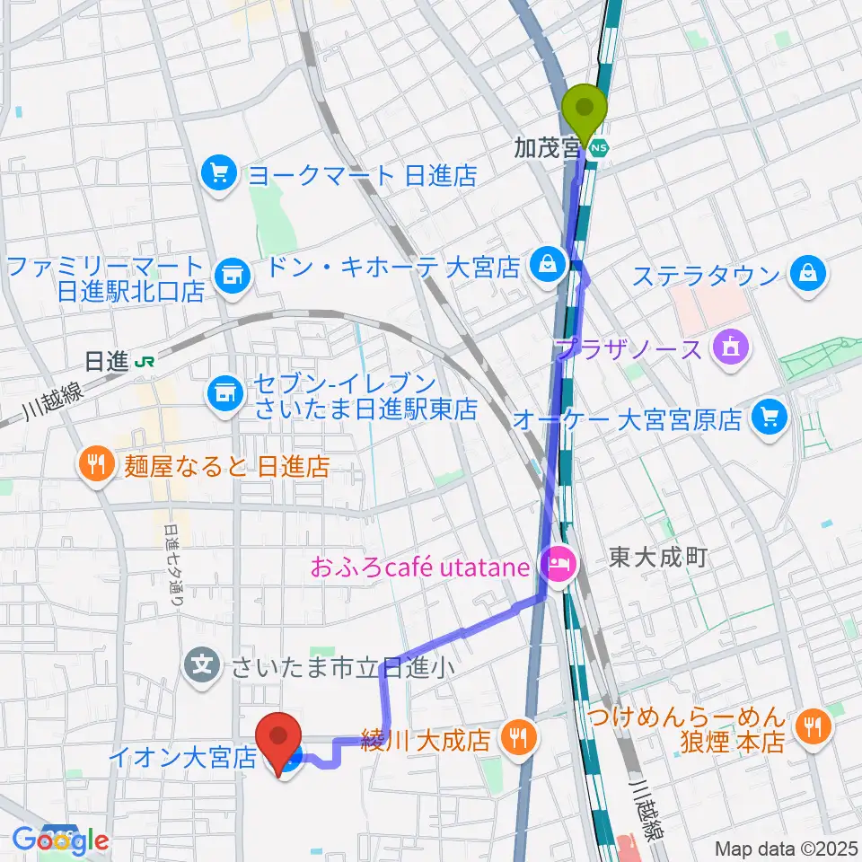 加茂宮駅からイオンシネマ大宮へのルートマップ地図