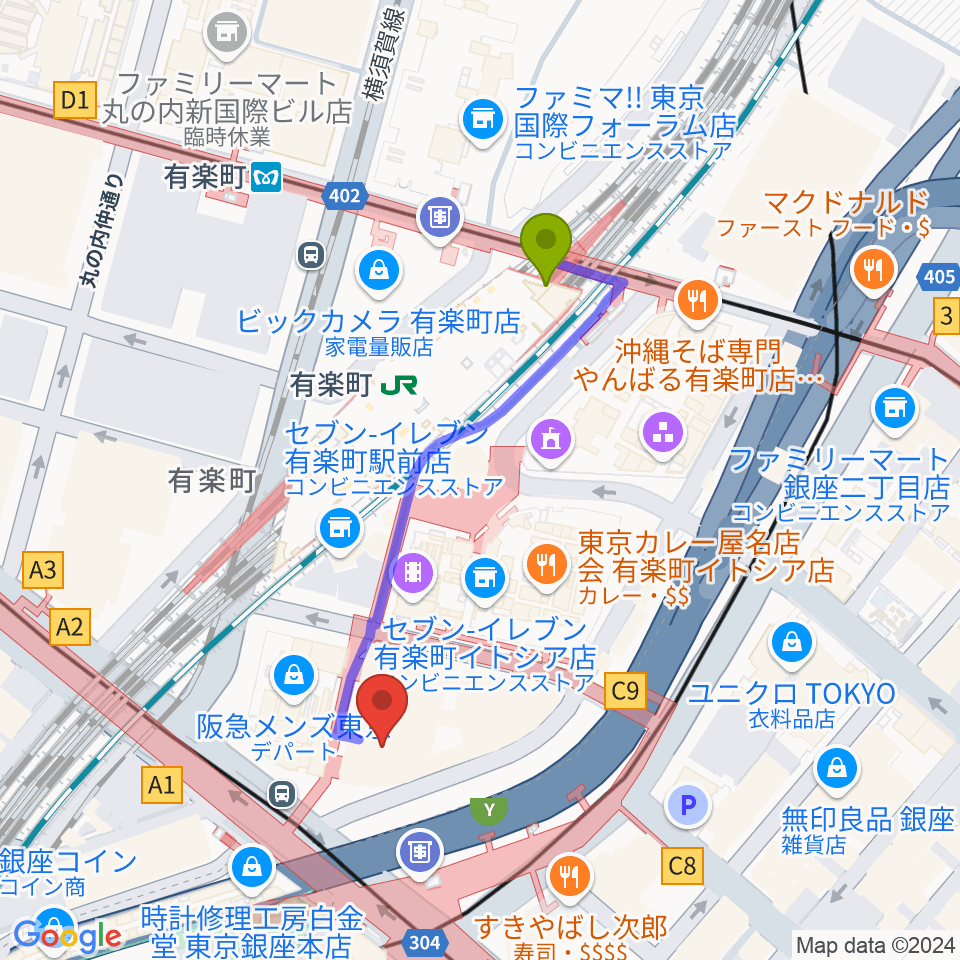 有楽町駅から丸の内ピカデリーへのルートマップ地図