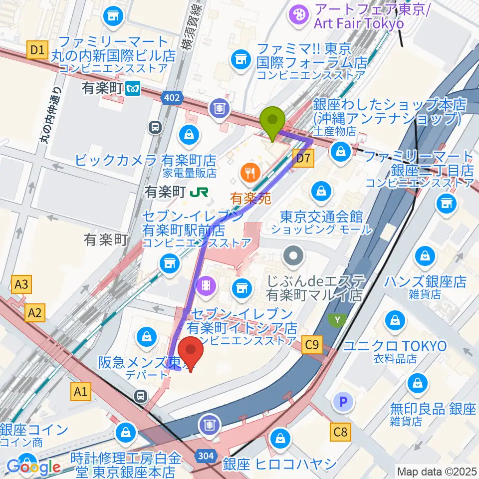 有楽町駅から丸の内ピカデリーへのルートマップ地図