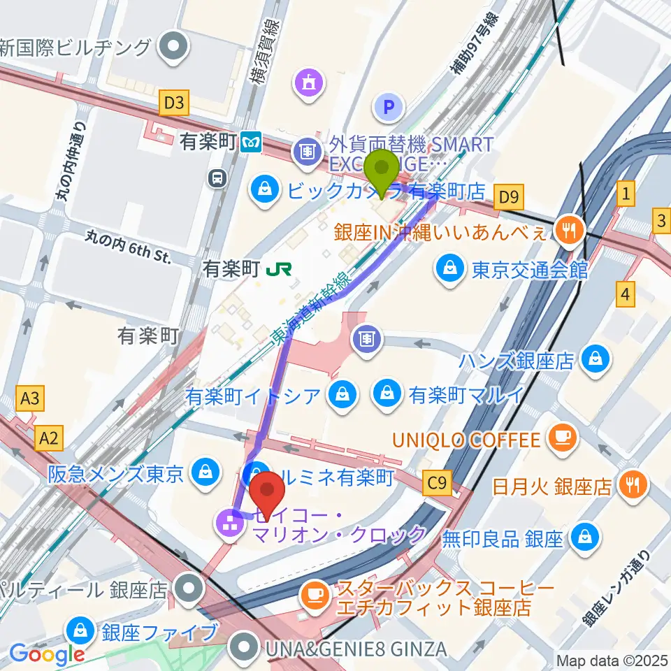 有楽町駅から丸の内ピカデリーへのルートマップ地図