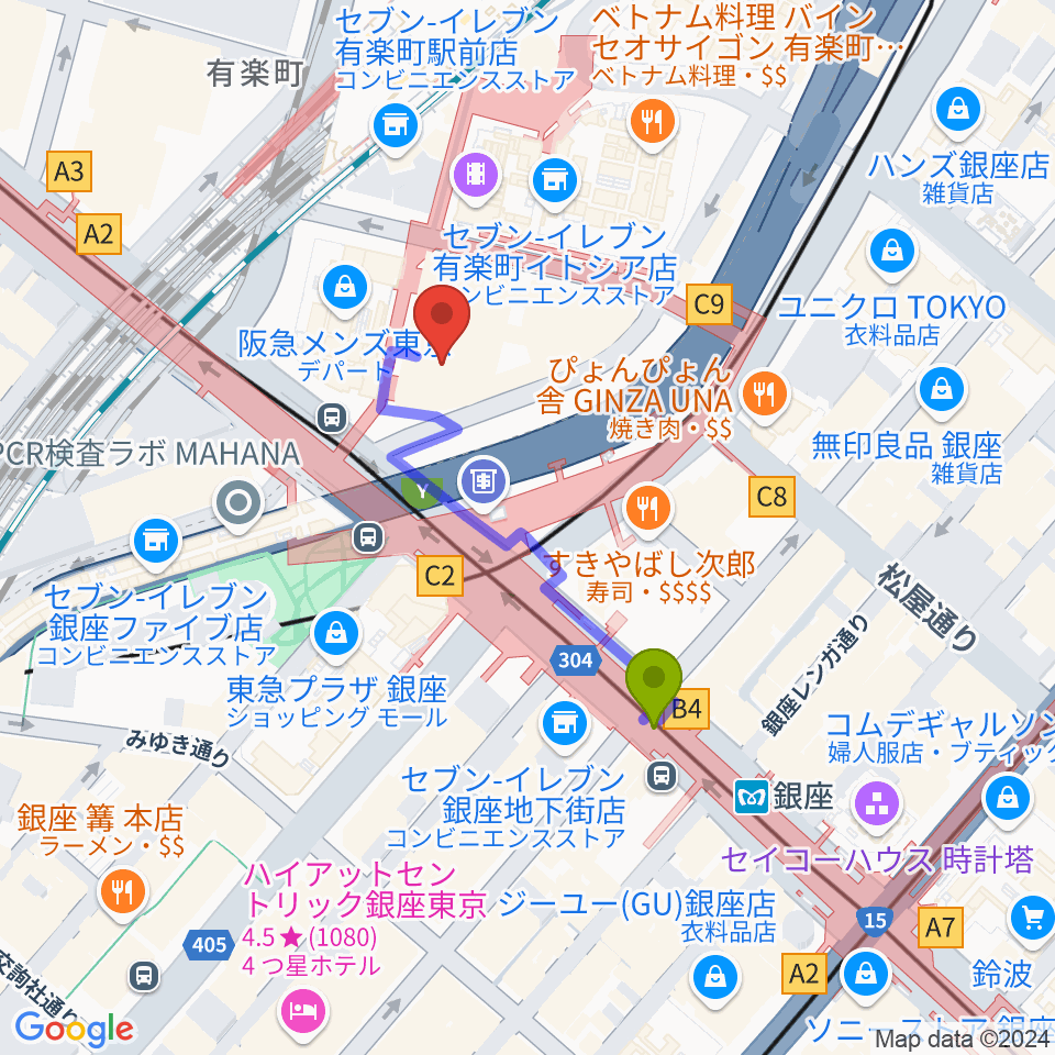 丸の内ピカデリーの最寄駅銀座駅からの徒歩ルート（約3分）地図