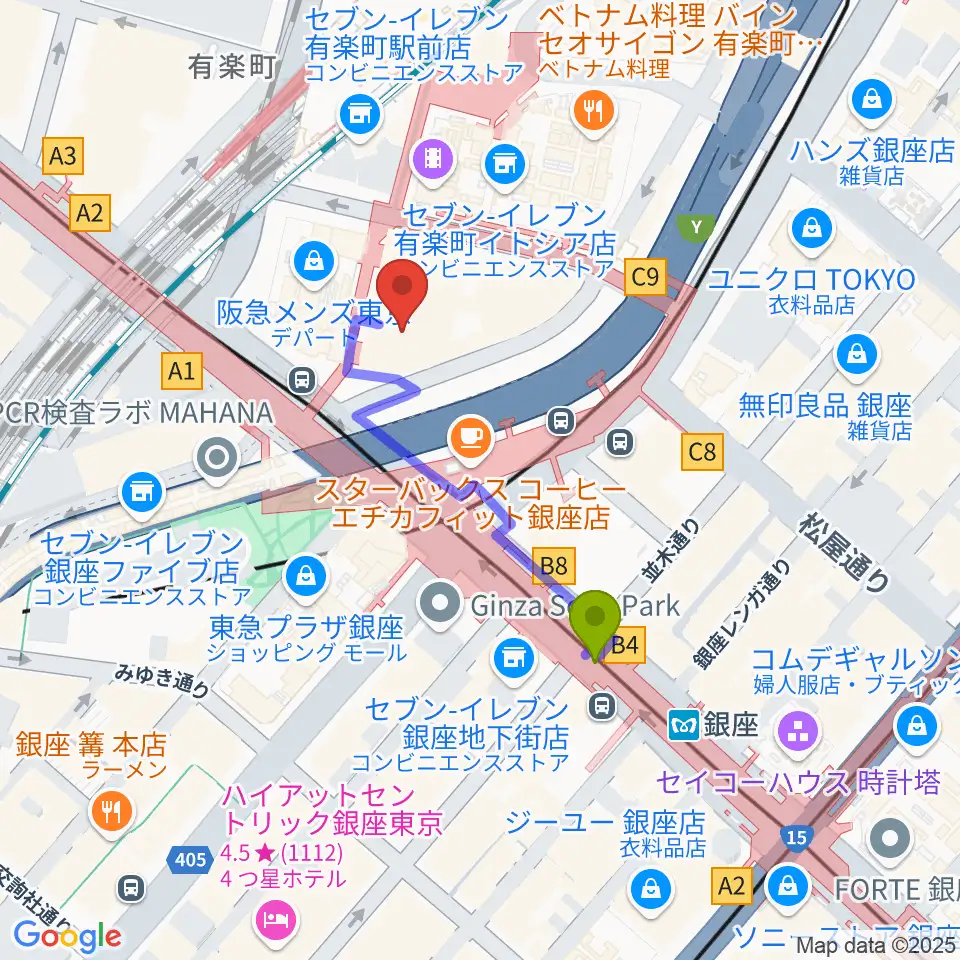 丸の内ピカデリーの最寄駅銀座駅からの徒歩ルート（約3分）地図