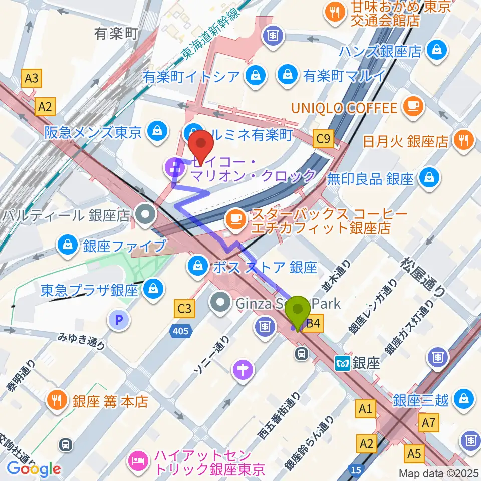 丸の内ピカデリーの最寄駅銀座駅からの徒歩ルート（約3分）地図