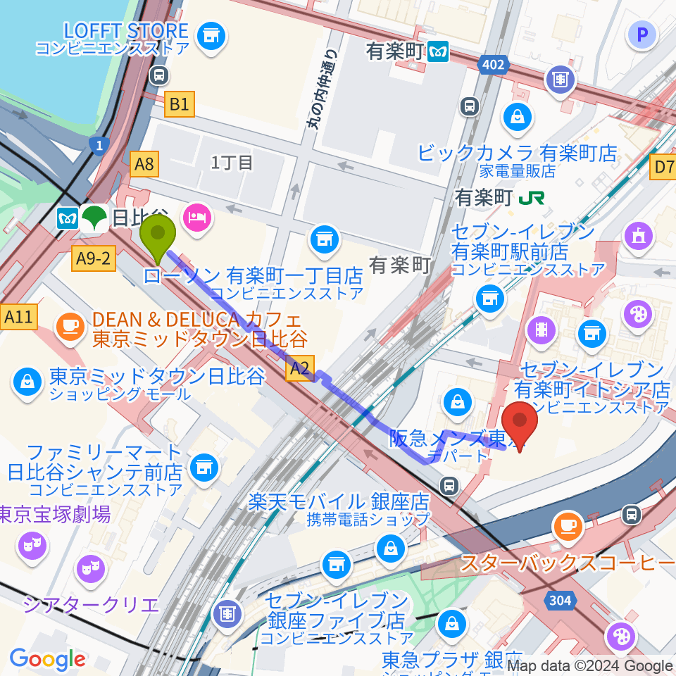 日比谷駅から丸の内ピカデリーへのルートマップ地図