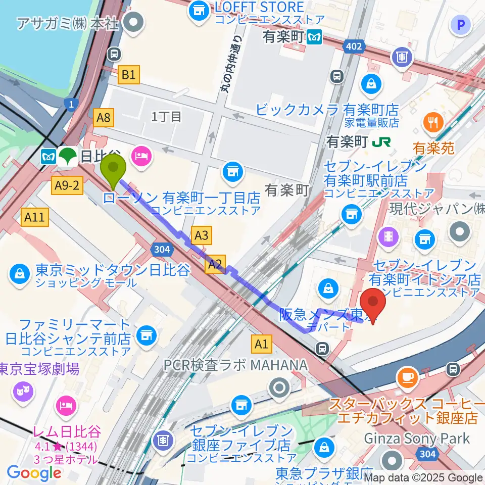 日比谷駅から丸の内ピカデリーへのルートマップ地図