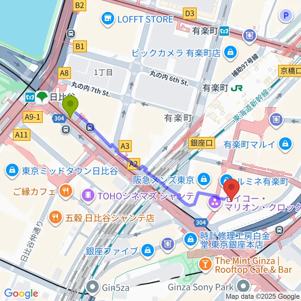 日比谷駅から丸の内ピカデリーへのルートマップ地図