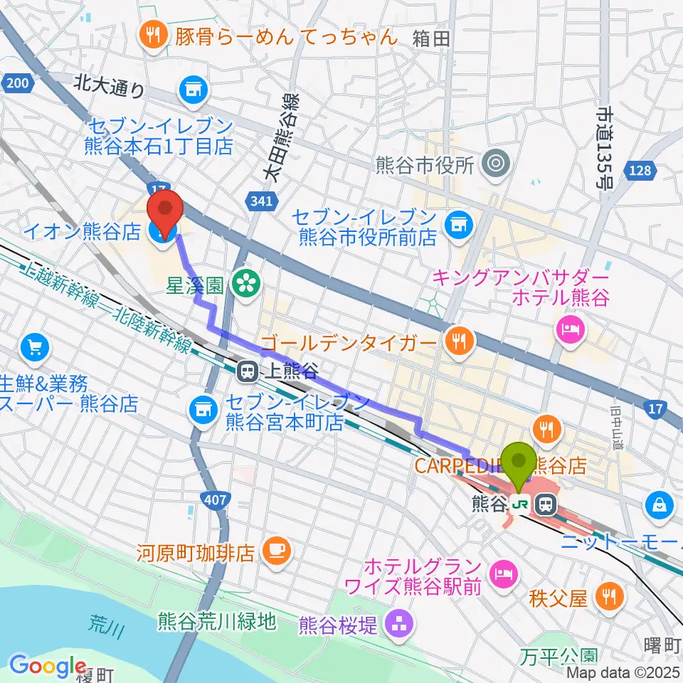 熊谷駅からイオンシネマ熊谷へのルートマップ地図
