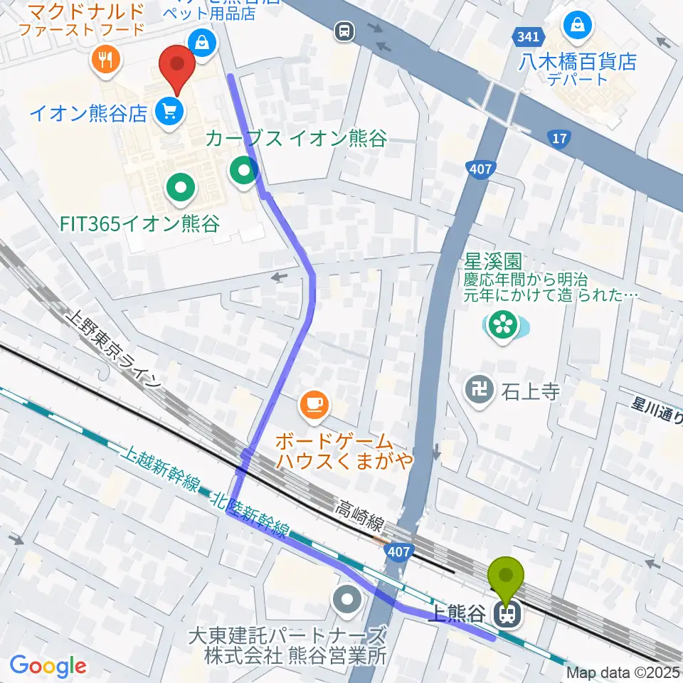 イオンシネマ熊谷の最寄駅上熊谷駅からの徒歩ルート（約7分）地図