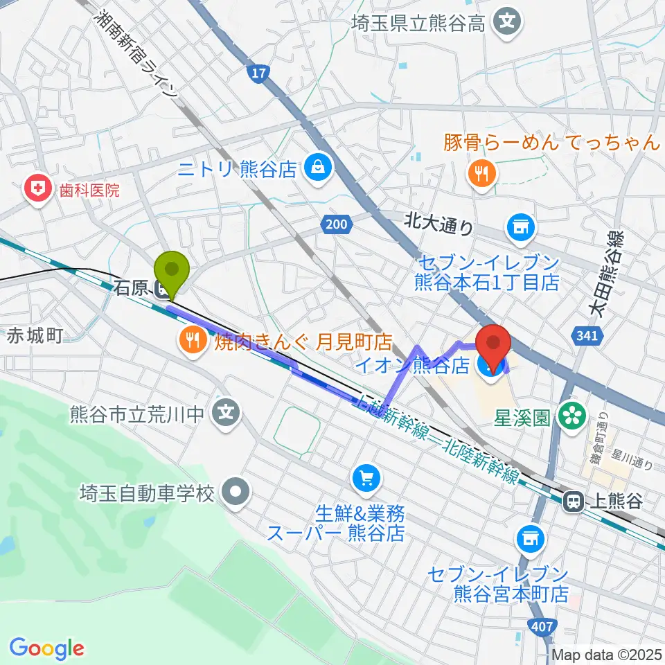 石原駅からイオンシネマ熊谷へのルートマップ地図