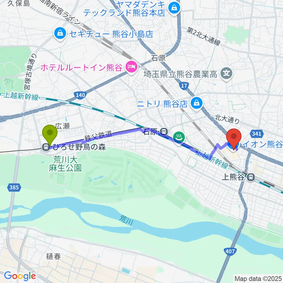 ひろせ野鳥の森駅からイオンシネマ熊谷へのルートマップ地図